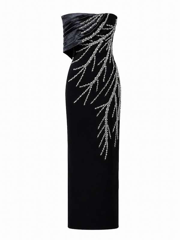 【新品DRESS 4822】サイドオフショル×アシンメトリービーズ刺繍ストレッチタイトロングドレス ブラック